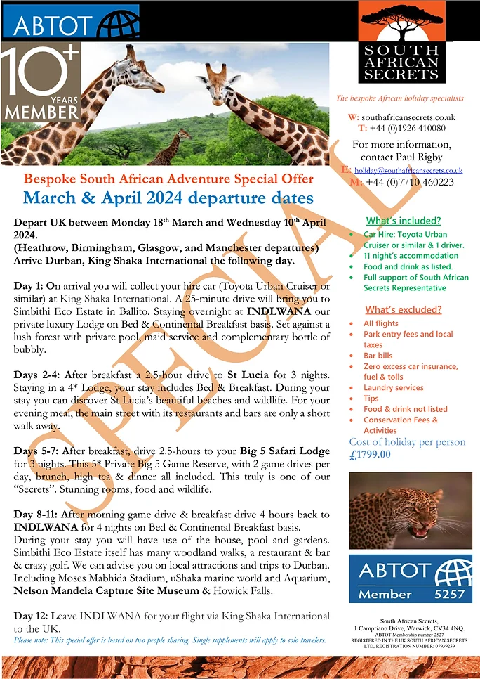 Bespoke Luxury Holidays - South Africa - March & April 2024 (Special Offer)